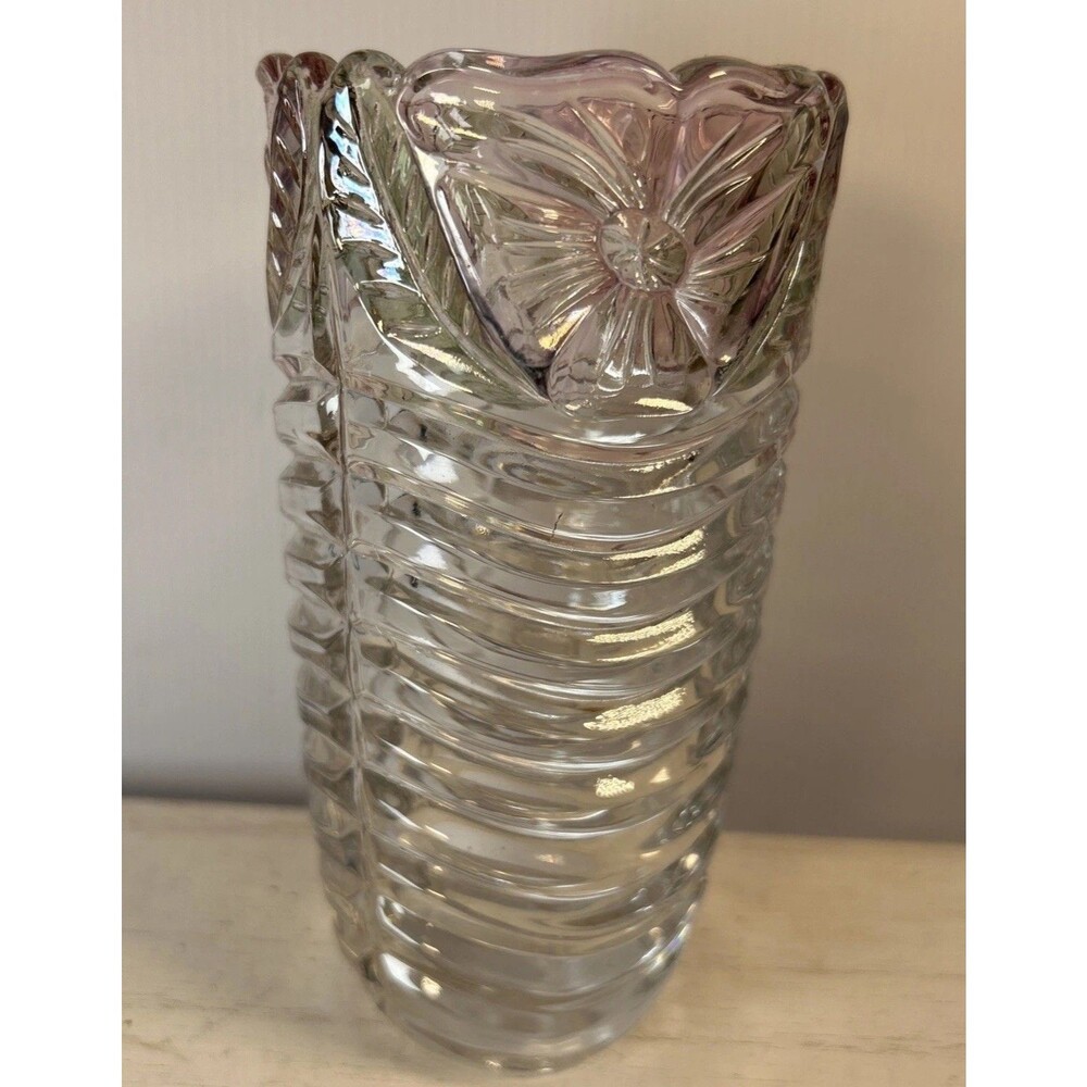 Beautiful Clear Glass Vase With Raised Pink Rose & Leaf Design 7" Tall